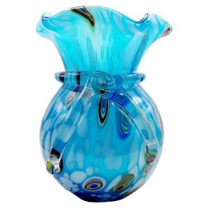 Vintage Murano Art Glass Sky Blue Millefiori Hand Blown Glass With Applied Bow